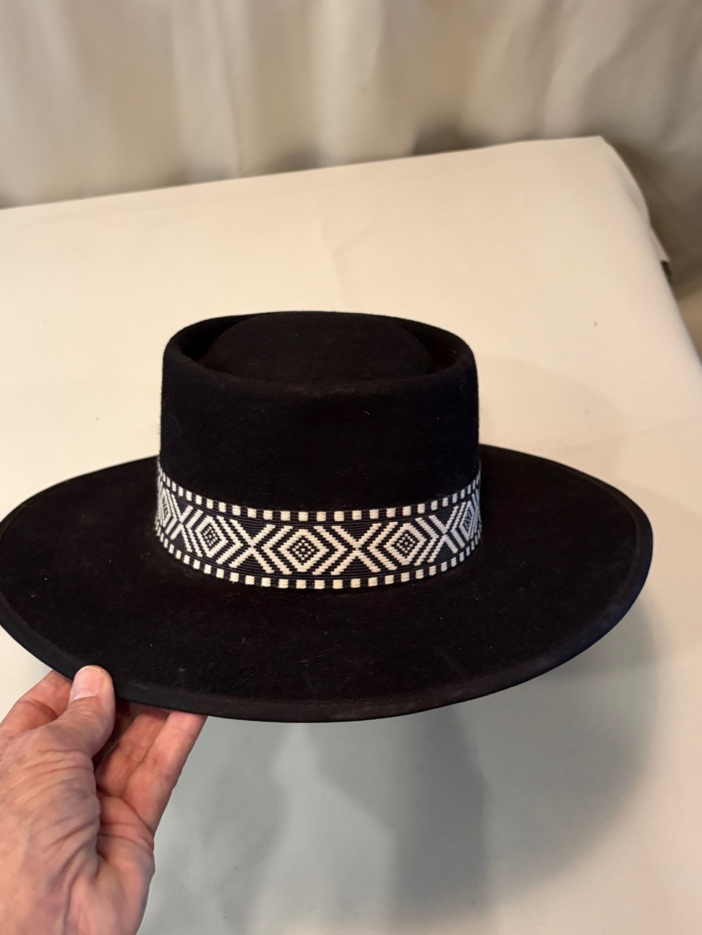 Black Wide-Brim Wool Rancher Hat Olive & Pique with Geometric Band